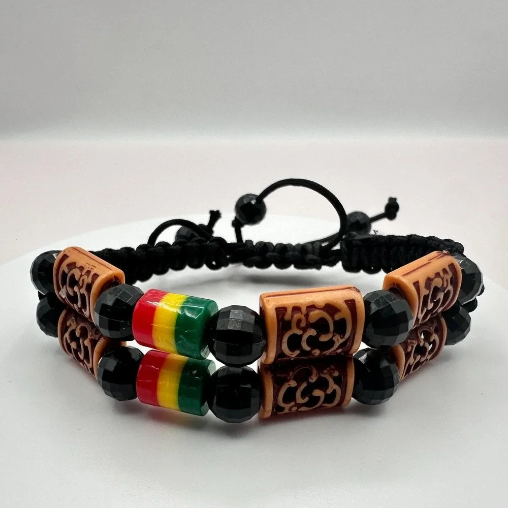 Vintage‎ Y2K Rasta Braided Macrame Beaded Double Strand Bracelet Women's Jewelry